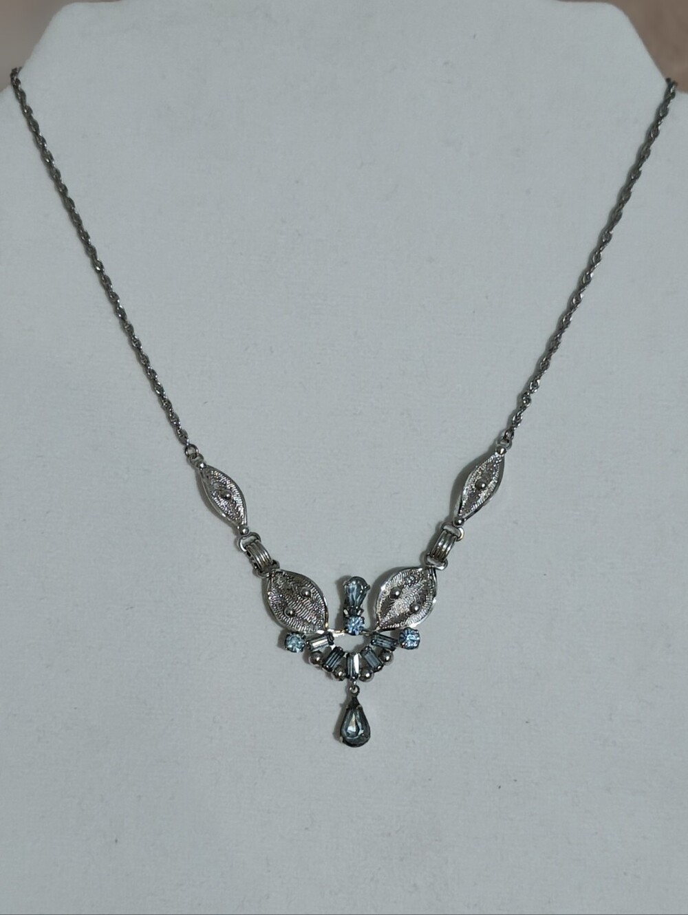 VTG Joseph Esposito Sterling Silver Filigree Rhinestone Necklace